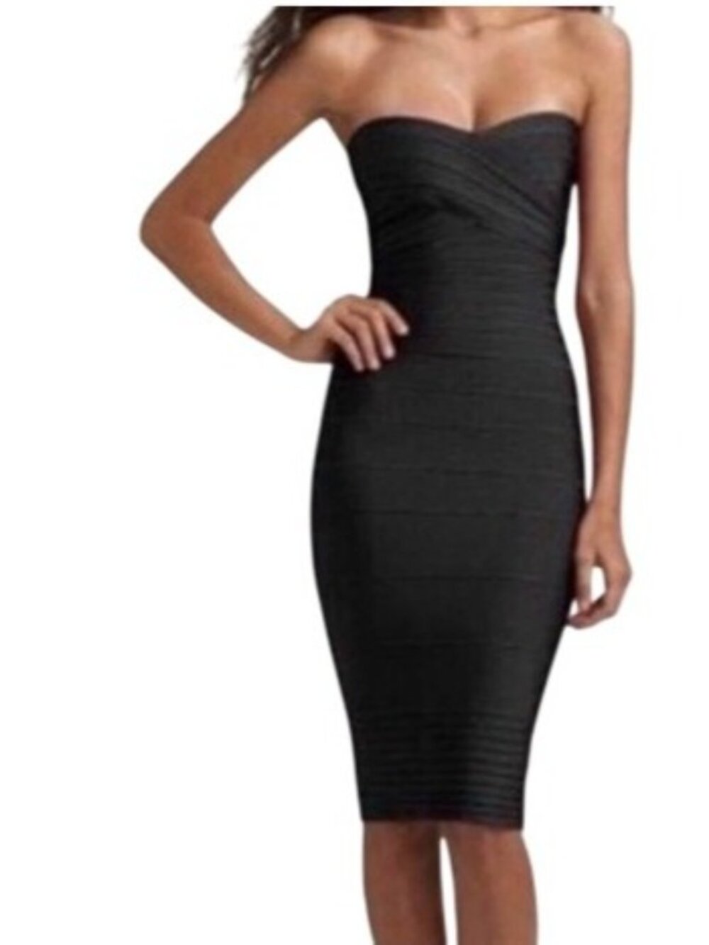 Herve Leger Dress Women's XXS Black Strapless Midi Bandage Horizontal Stripes